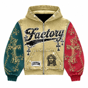 Factory Zip-Up Hoodie Men Oversized Skull Print Hip Hop Style <b>Black</b> Full-Zip Hooded <b>Sweatshirt</b> - Product Image 1