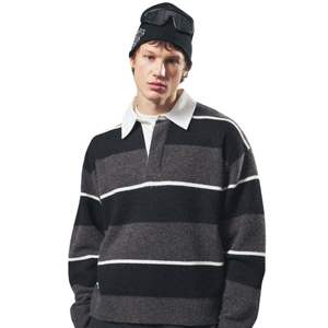 Pull en maille rayé pour homme, col contrastant, gris anthracite, manches longues, décontracté, hiver, en mélange de coton doux, OEM - Product Image 3