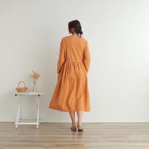 Robe longue décontractée pour femme, élégante, orange, col rond, coupe ample, avec taille à volants, robe midi décontractée - Product Image 3