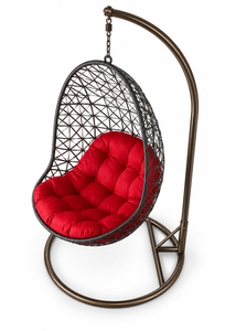 Contemporary Outdoor Hanging Chair with Red Cushion PE Rattan <b>Swing</b> Seat for Patio Use - Product Image 2