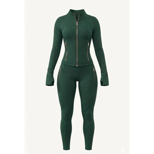 Conjunto de yoga de 6 piezas para mujer con espalda cruzada y cuello en V profundo, cremallera completa, sin costuras, de elastano/nailon, cintura alta, verde liso, elástico en cuatro direcciones - Product Image 1