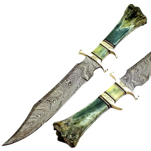 PASHA ENTERPRISES Damascus Steel Hunting Bowie <b>Knife</b> Green Stone <b>Handle</b> Design with Brass Cross Guard Wholesale Outdoor <b>Knife</b> - Product Image 3