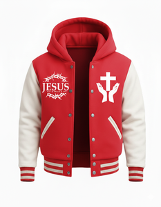 Blouson universitaire pour homme avec motif chrétien « Jésus », couronne d'épines et mains croisées - Bomber à capuche rouge et blanc pour les tenues de foi - Product Image 1