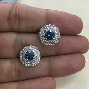 925 Sterling Silver Rhodium Plated Round Cut Blue Natural Diamond Ladies Halo <b>Stud</b> <b>Earrings</b> 1.87 Ct Trendy Wedding Party Jewelry - Product Image 3