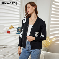 Pull cardigan en tricot à col en V pour femme, à motif floral, décontracté, coupe régulière, doux, respirant, léger, manches longues, 100% polyester