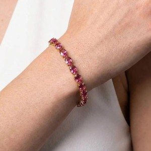 Pulsera de tenis de plata de ley chapada en oro con zafiro rosa cultivado en laboratorio de corte ovalado, elegante y lujosa, regalo de joyería para aniversario - Product Image 3
