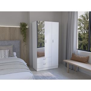 Armoire blanche Riverside à 3 portes avec miroir à l'avant, 2 tiroirs, 4 étagères et tige de suspension Armoire élégante Design - Product Image 1