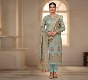 Traje de seda pura Banarasi de 3 piezas con estampado jaal - Product Image 2