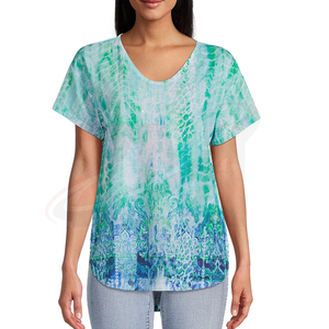 Camiseta de Mujer con Cuello en V, Manga Corta, Estampada, Corte Holgado, Estilo Casual, para Primavera/Verano, Tejido de Punto Transpirable, Verde/Azul - Product Image 1