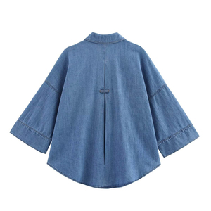 Camisa vaquera para mujer, manga tres cuartos, cuello vuelto, color liso, top informal con bolsillos, ropa de primavera - Product Image 4