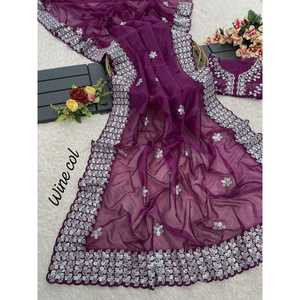 DISEÑADOR GEORGETTE BORDADO SECUENCIA TRABAJO SAREE CON BLUSA SIN COSTAR VINO - Product Image 1