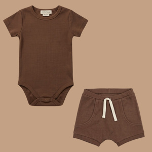 <b>Cot</b> & Candy Organic Short Sleeve Bodysuit with Drawstring Shorts for Summer-Chocolate Color - Product Image 1
