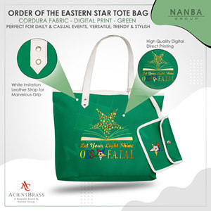 Sac fourre-tout vert imperméable avec fermeture éclair, motif étoile dorée, phrase 'Let Your Light Shine OES F.A.T.A.L' |   Conception maçonnique personnalisée de l'Étoile d'Orient - Product Image 4
