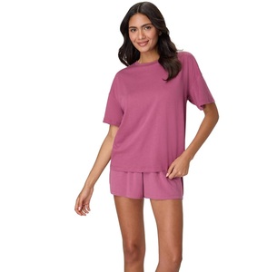 Ensemble de détente 2 pièces pour femme, manches courtes, col uni, satin violet, vêtements de nuit décontractés, hiver/été, extensible, doux et confortable - Product Image 1