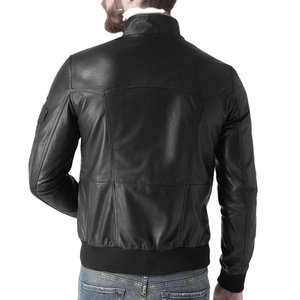 Mens Black Faux Leather Eco-Friendly <b>Vintage</b> <b>Bomber</b> <b>Jacket</b> Stand Collar Ribbed Cuffs Multi Pocket Zip Front Casual Motorcycle - Product Image 2