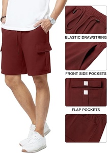 Shorts cargo pour homme, couleur bordeaux, avec cordon de serrage, taille mi-haute, décontractés, respirants, poches tissées, à carreaux, polyester/coton, séchage rapide - Product Image 5