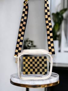 Blue & White Checkered Beaded Bag <b>Strap</b>: <b>Adjustable</b> Crossbody - Product Image 1