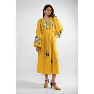 เดรสผ้าฝ้ายปักลายสไตล์โบฮีเมียนสีเหลืองสำหรับผู้หญิง คอวี แขนพอง แต่งพู่ผูกเอว สไตล์ชาติพันธุ์ - Product Image 1