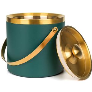 Seau à glace à double paroi en acier inoxydable vert mat avec des fêtes finies brillantes de couleur or brillant et seau à glace décoratif pour événements - Product Image 1