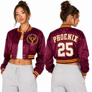 Chaqueta Corta de Satén para Mujer, Estilo Broncos, con Parche Personalizado con el Logotipo del Equipo, Nombre y Número del Jugador Bordados en la Parte Delantera, Estilo Universitario, Streetwear de Fábrica - Product Image 2