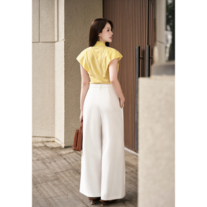 กางเกงขายาวทรงตรงสีขาวเอวสูงสำหรับผู้หญิง สไตล์ลำลองสำหรับใส่ทำงาน ดีไซน์ผูกด้านหน้าแบบไม่สมมาตร ป้องกันไฟฟ้าสถิตย์ ป้องกันรอยยับ ความยาวเต็มตัว - Product Image 4