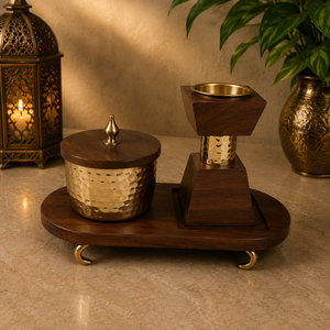 Ensemble brûleur à bakhoor en laiton et bois avec plateau, pot de rangement pour oud martelé de luxe, mabkhara finition dorée pour la décoration intérieure arabe - Product Image 6