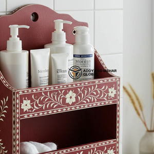 Red Wooden Wall Mounted Bathroom Organizer Shelf – Decorative <b>Storage</b> Rack for <b>Toiletries</b> & Essentials - Product Image 3