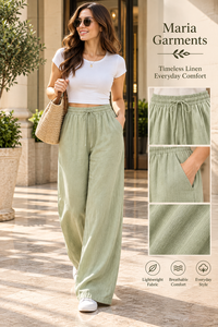 Fournisseur de vêtements en gros haut de gamme - Maria Garments - Ensemble décontracté d'été : T-shirt vert sauge et pantalon large en lin/coton élastique - Product Image 5