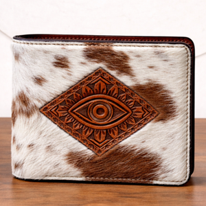 Portefeuille homme en cuir véritable repoussé, fait main, style western, en cuir à poils, bifold, avec motif œil porte-bonheur, vintage, style cowboy - Product Image 2