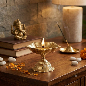 Ornate Square Petal Brass Diya on Pedestal Base Traditional Indian Pooja Oil <b>Lamp</b> <b>Antique</b> Gold Finish Home Temple Decor Products - Product Image 5