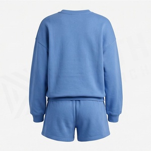 Conjunto de 2 piezas de sudadera y pantalones cortos de forro polar azul para mujer, cuello redondo, ajuste holgado, estampado geométrico, uso diario informal, largo por encima de la rodilla - Product Image 2