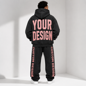 Men's <b>Black</b> Hooded Tracksuit Set Custom Logo Print Full Sleeve Streetwear Sweatshirt and <b>Pants</b> Loose Fit 100% Cotton Autumn Wear - Product Image 2