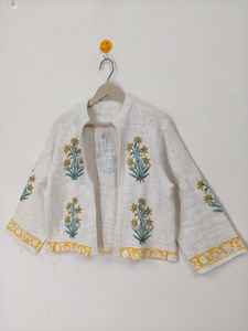 Veste florale imprimée à la main, veste en coton à fleurs jaunes, manteau bohème été-hiver - Product Image 5