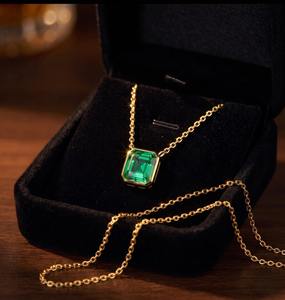 14K Gold Tiny Square <b>Emerald</b> Green Diamond <b>Pendant</b> Necklace Delicate Minimalist Solitaire Daily Wear Luxury Jewelry for Women - Product Image 3