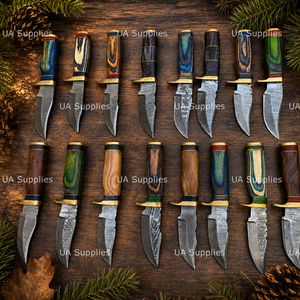 Cuchillo de caza de hoja fija de acero de Damasco forjado a mano DIY OEM de venta caliente con mango de madera Pakka y funda de cuero, afilado como una navaja. - Product Image 6