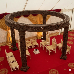 Mandap de Madera Oscura Tallado a Mano para Bodas, Toldo Tradicional Indio para Matrimonios, Decoración Circular de Cuatro Pilares para Bodas Hindúes - Product Image 2