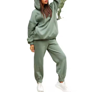 Conjunto Deportivo con Capucha para Mujer, Color Verde Sólido, Sudadera Larga con Bolsillos Laterales, Corte Holgado, Ropa Casual de Otoño - Product Image 3