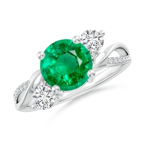 Bague de fiançailles en or massif 14 carats avec émeraude naturelle verte taille brillant ronde et pavé de diamants torsadés, bague solitaire - Product Image 1