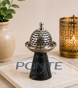 Natural Black Marble Base <b>Bakhoor</b> Burner Metal <b>Oud</b> Incense Censer With Intricate Jaali Lid For Home Hotel Ramadan Decor - Product Image 2
