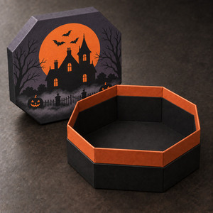 Boîte cadeau octogonale d'Halloween avec motif maison hantée, en carton rigide imprimé UV, artisanale, découpée à la main - Product Image 2