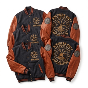 Blouson universitaire personnalisé bleu marine en laine avec manches en cuir marron, broderie double corbeau et lettres en relief, style Letterman - Product Image 5