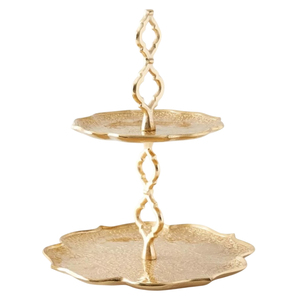 Plateau de service en métal doré à deux niveaux avec bords festonnés, élégant support à desserts et pâtisseries pour mariages, fêtes et décoration intérieure - Product Image 1