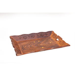 Ensemble de 3 plateaux de service marocains en bois sculptés à la main, design rectangulaire emboîtable avec incrustations en laiton, pour la cuisine et la décoration intérieure - En solde - Product Image 5