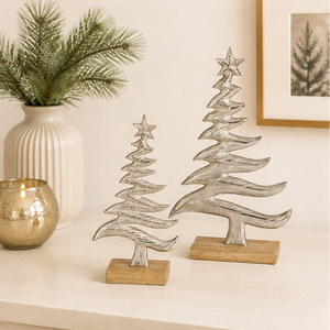 Attractive Silver Metal Christmas Tree Sculpture With Sturdy Wooden Base Modern Handcrafted Holiday Tabletop <b>Decor</b> For Festive - Product Image 4