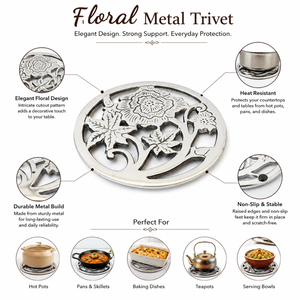 Floral Metal Trivet | Heat Resistant Hot Pot <b>Stand</b> Table Protector | Decorative Kitchen Dining Cookware Holder Home Countertop - Product Image 3
