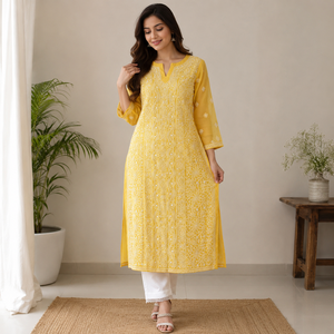 Elegant Yellow Floral Embroidered Kurti for Women, Long Sleeve Straight Fit <b>Indian</b> Ethnic <b>Kurta</b> for Casual & Festive Wear - Product Image 1