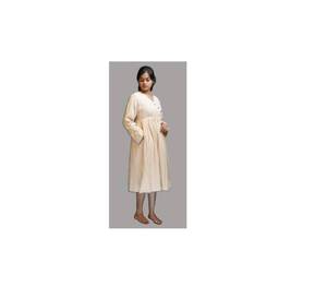 Robe Femme Col V Manches Longues Longueur Genou Coupe Évasée 100% Coton Respirant Ample Couleur Naturelle Printemps - Product Image 1