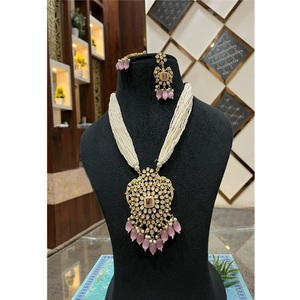 <b>Pretty</b> Premium Quality Brass Antique Gold Plated Moissanite Kundan Mala Necklace <b>Earring</b> Set Women's Wedding Gift - Product Image 1