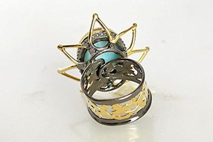 Anillo de Cóctel Vintage con Estrella, Plata de Ley 925, Chapado en Oro, con Piedra de Larimar Natural en Engaste de Bisel, Unisex, para Uso Diario, Joyería Fina - Product Image 2