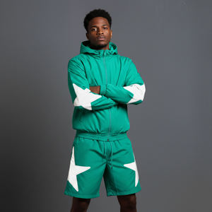 Conjunto de Chándal con Capucha Verde Unisex Personalizado, Parches de Estrellas Blancas, Pantalones Cortos Transpirables de Poliéster, Estilo Urbano, Tallas Grandes, Estampado - Product Image 6